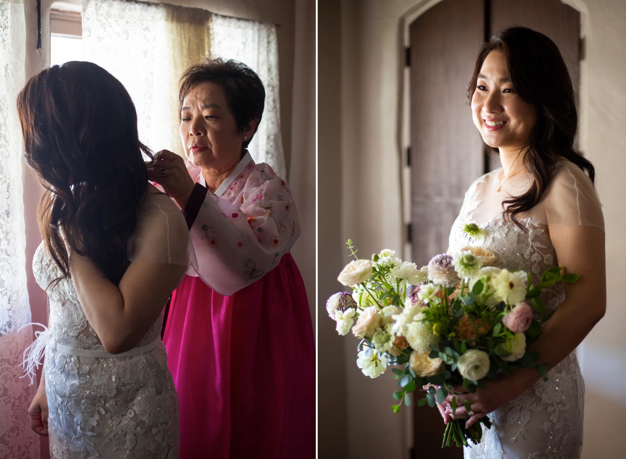 mother of the bride helps get bride dressed southern california
