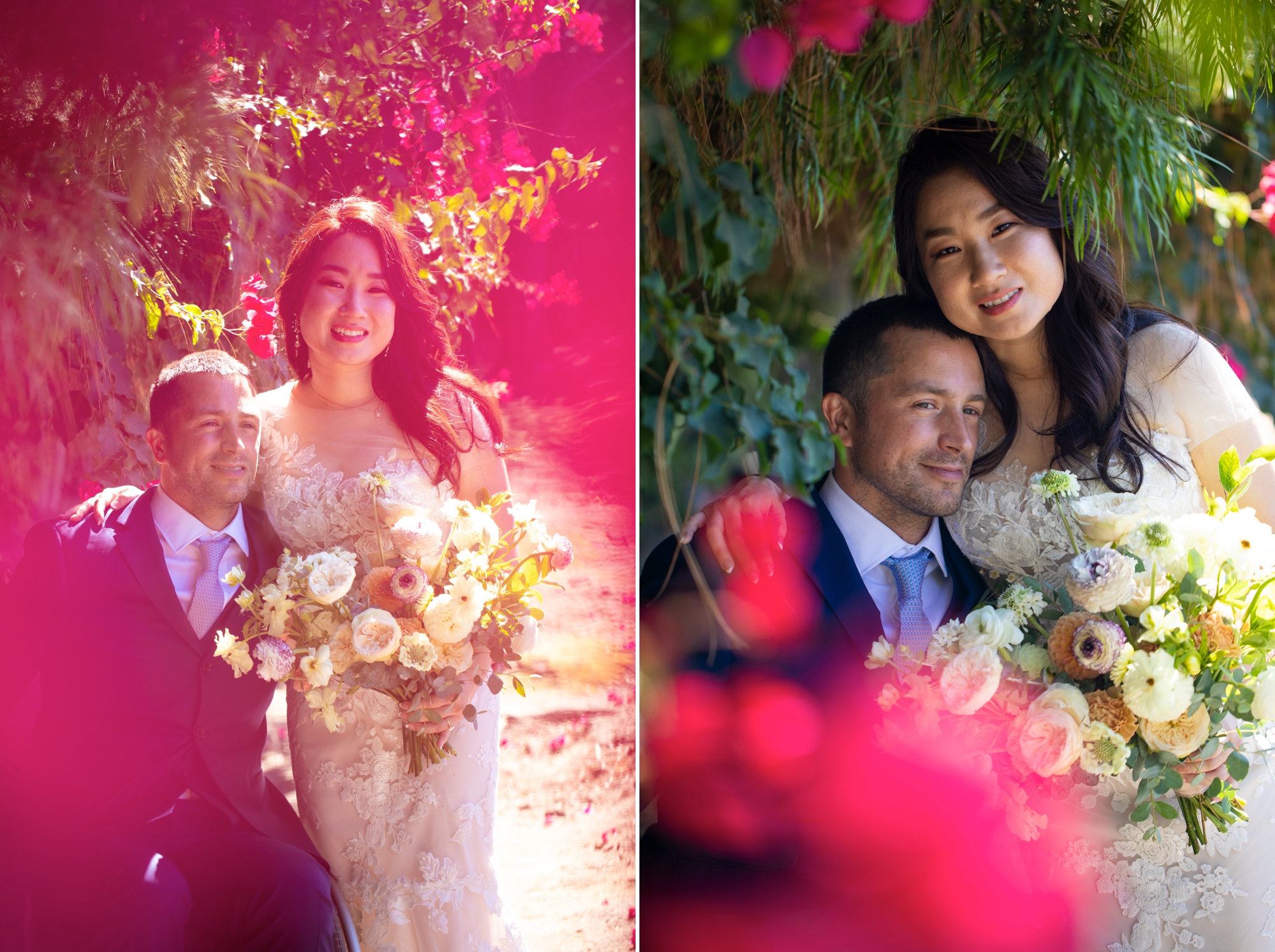 bride and groom portraits in front of pink flowers southern california