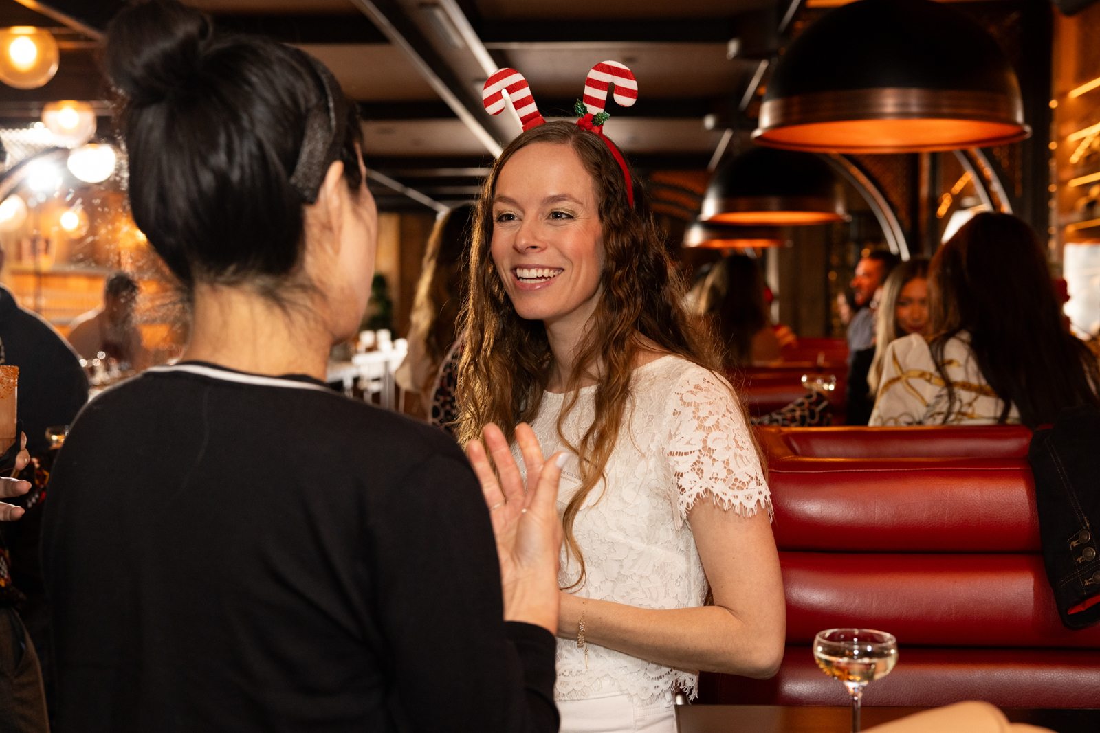 woman wears holiday apparel to party